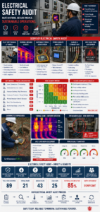 Electrical safety auditor testing earth electrode resistance at manufacturing plant switchyard using earth tester