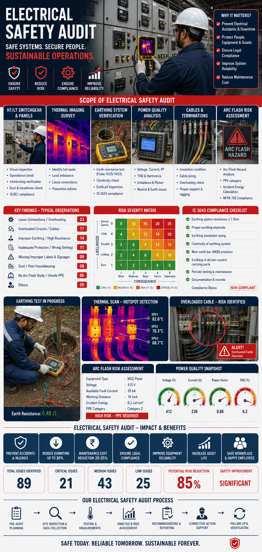 Electrical safety auditor testing earth electrode resistance at manufacturing plant switchyard using earth tester