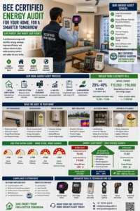 BEE certified energy auditor conducting residential energy audit in Indian home using thermal imaging camera to identify roof insulation gaps and air conditioning efficiency losses