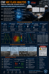 Power systems engineer reviewing ETAP arc flash analysis results showing incident energy levels at 11kV switchroom buses and relay coordination time-current curves for Indian industrial facility electrical system