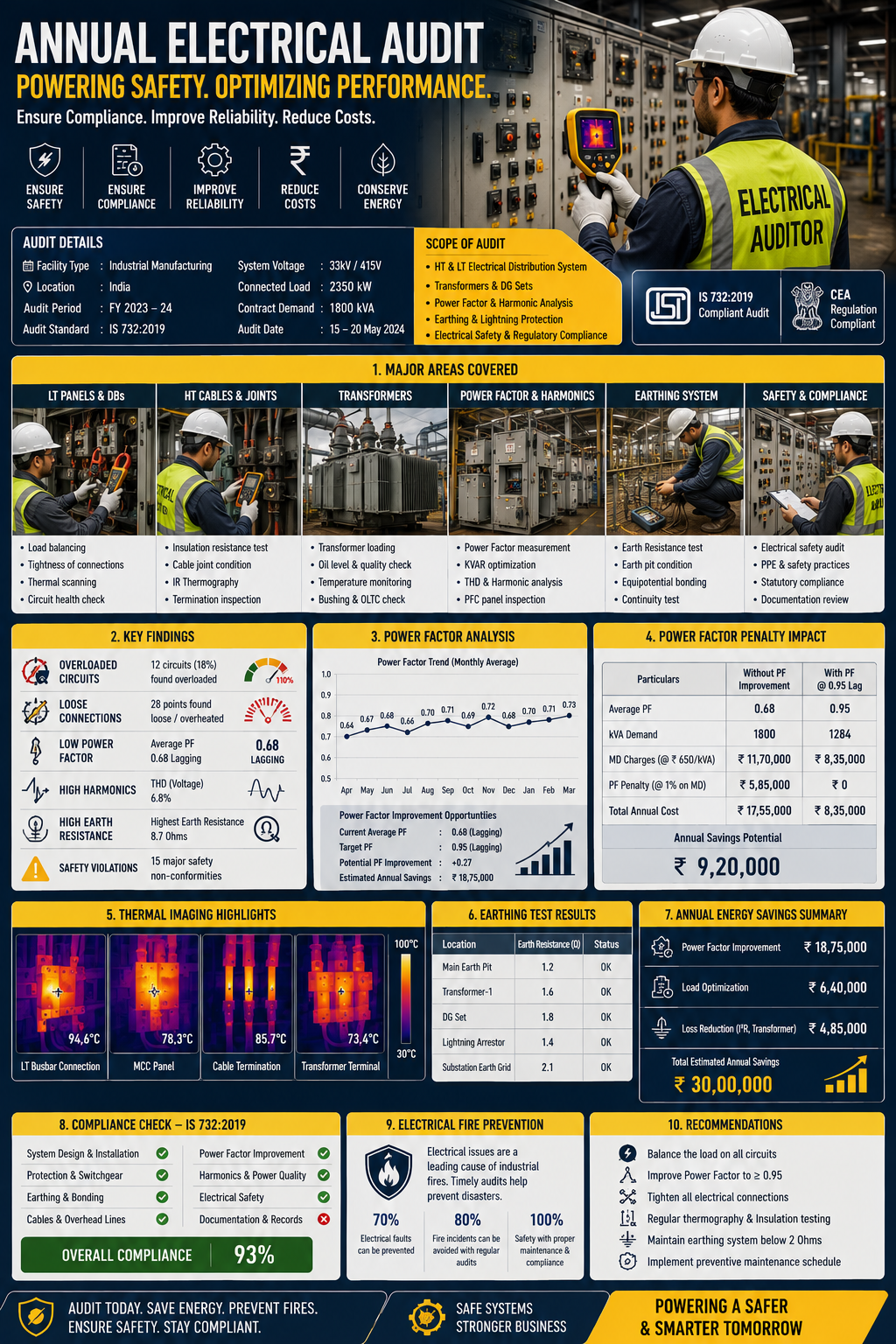 Electrical engineer conducting annual electrical audit of LT distribution panel in Indian factory