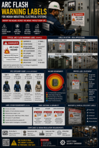 Arc flash warning label on 415V distribution panel in Indian manufacturing facility showing incident energy in cal/cm², PPE category 3, arc flash boundary distance, and IEEE 1584-2018 study date