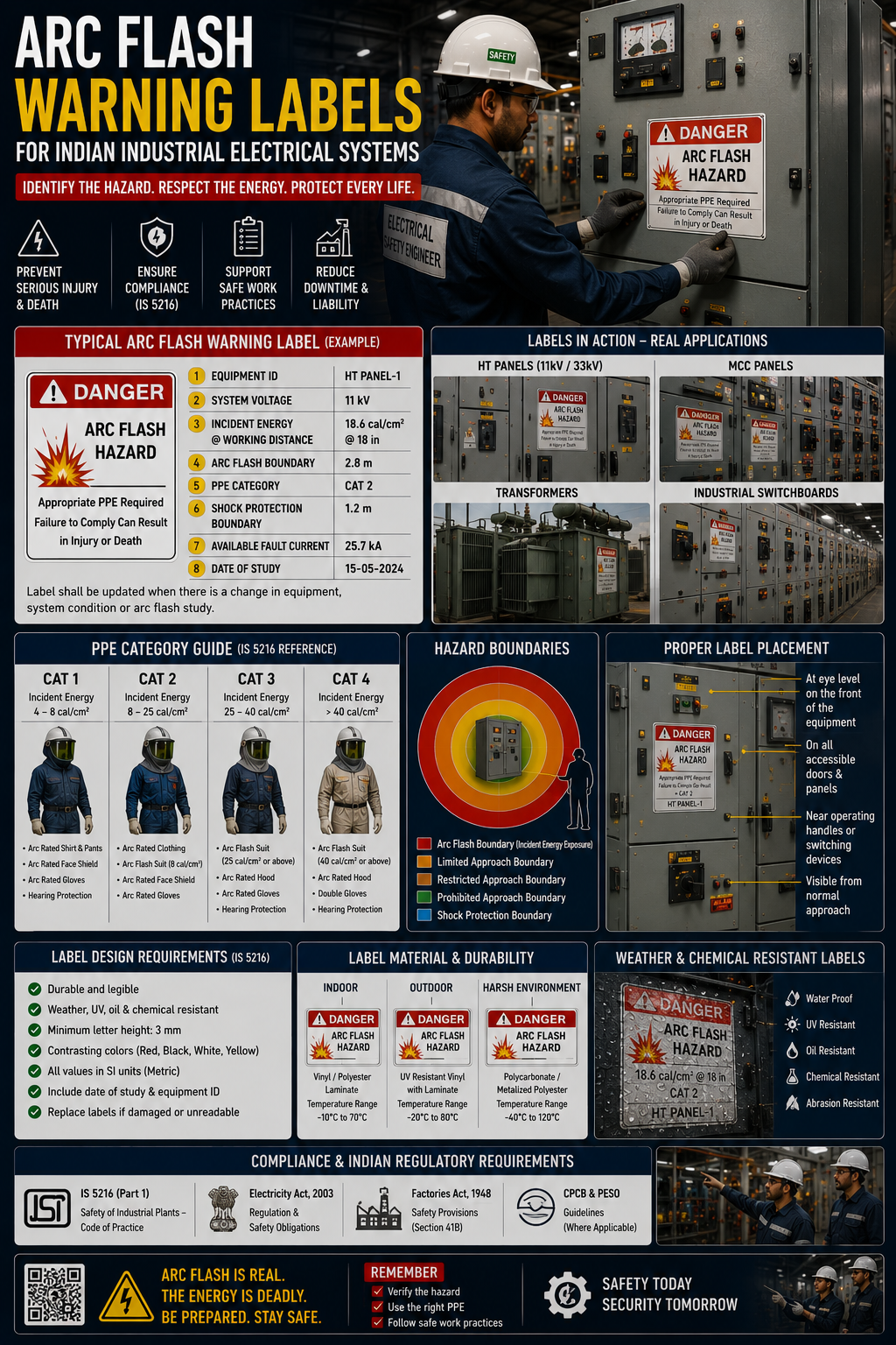 Arc flash warning label on 415V distribution panel in Indian manufacturing facility showing incident energy in cal/cm², PPE category 3, arc flash boundary distance, and IEEE 1584-2018 study date
