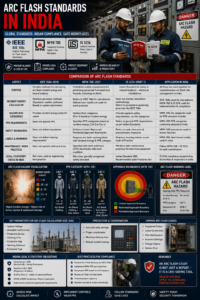 Arc flash standards reference wall chart showing IEEE 1584-2018, NFPA 70E, and IS 5216:2010 standards hierarchy for Indian electrical safety compliance displayed at industrial facility safety notice board