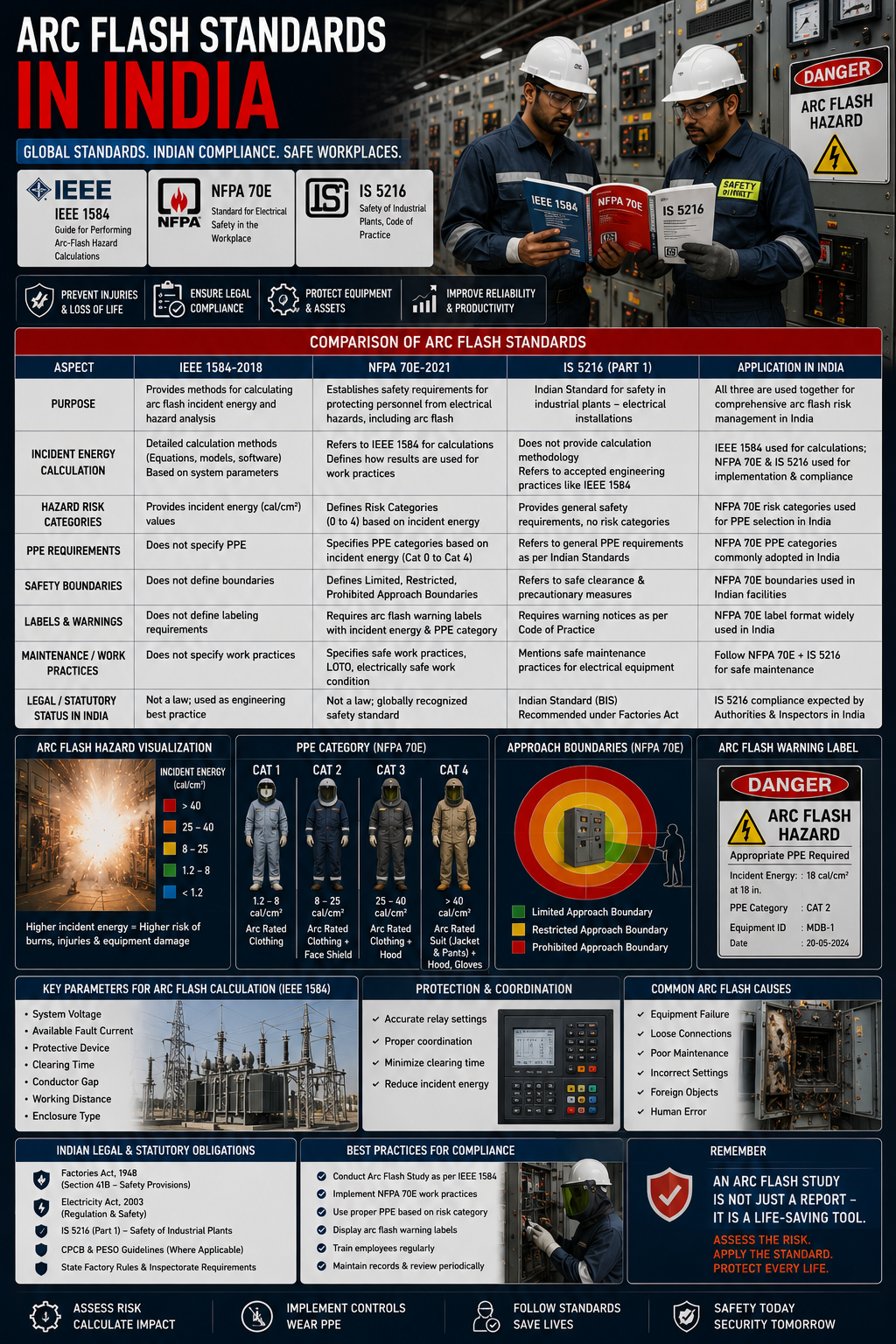 Arc flash standards reference wall chart showing IEEE 1584-2018, NFPA 70E, and IS 5216:2010 standards hierarchy for Indian electrical safety compliance displayed at industrial facility safety notice board