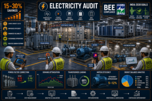 Power quality analyser connected to electrical panel during electricity energy audit in Indian factory