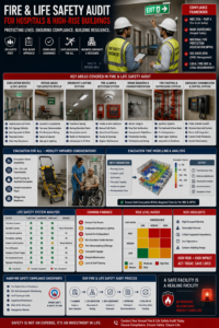 Fire and life safety auditor testing emergency lighting and refuge area communication system in Indian hospital corridor with mobility-impaired evacuation equipment visible