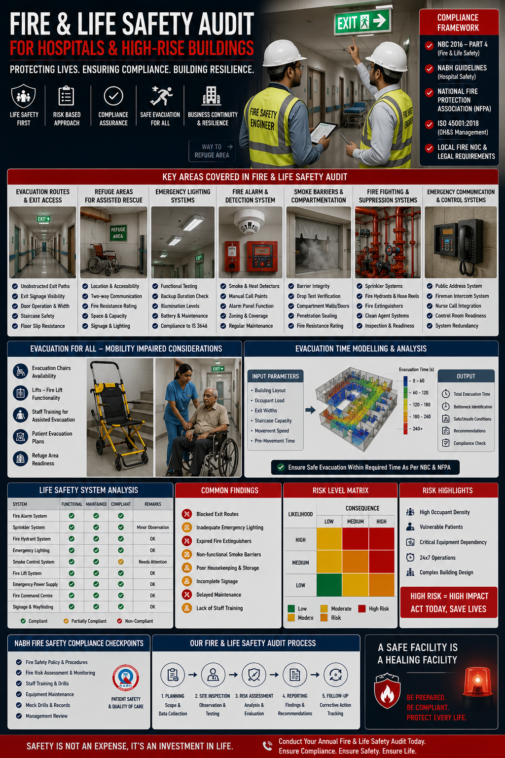 Fire and life safety auditor testing emergency lighting and refuge area communication system in Indian hospital corridor with mobility-impaired evacuation equipment visible