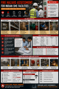 Alt Text Business owner reviewing fire hazard assessment report with safety consultant at Indian SME factory identifying electrical and storage fire risks
