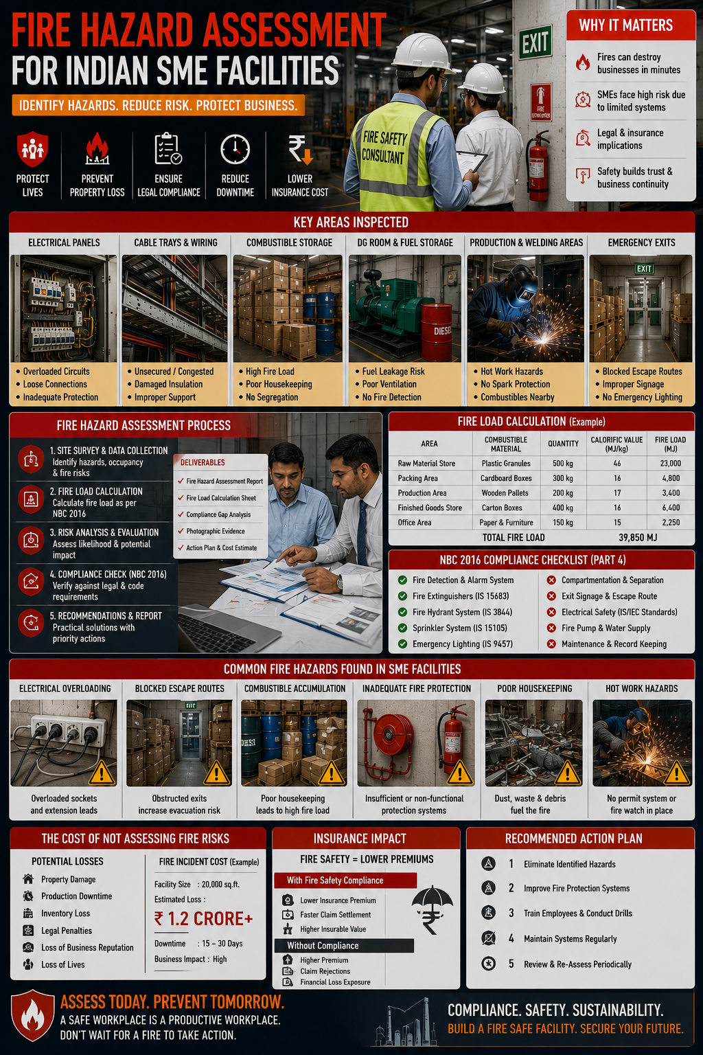 Alt Text Business owner reviewing fire hazard assessment report with safety consultant at Indian SME factory identifying electrical and storage fire risks
