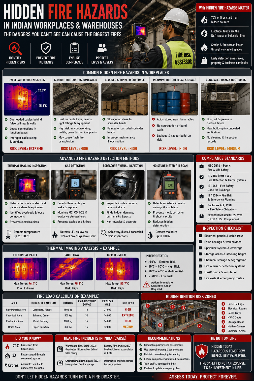 Infrared thermography image showing hidden electrical hotspot behind control panel wall in Indian factory — invisible to visual fire inspection but detected during professional fire risk assessment