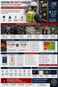 Certified fire safety assessor using thermal imaging camera to inspect electrical panel during fire safety assessment at Indian commercial building