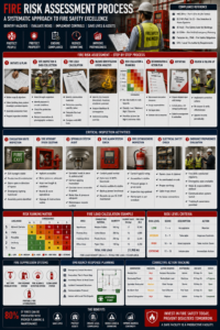 Fire safety assessor with checklist measuring escape route width and travel distance to emergency exit in Indian commercial building during professional fire safety assessment