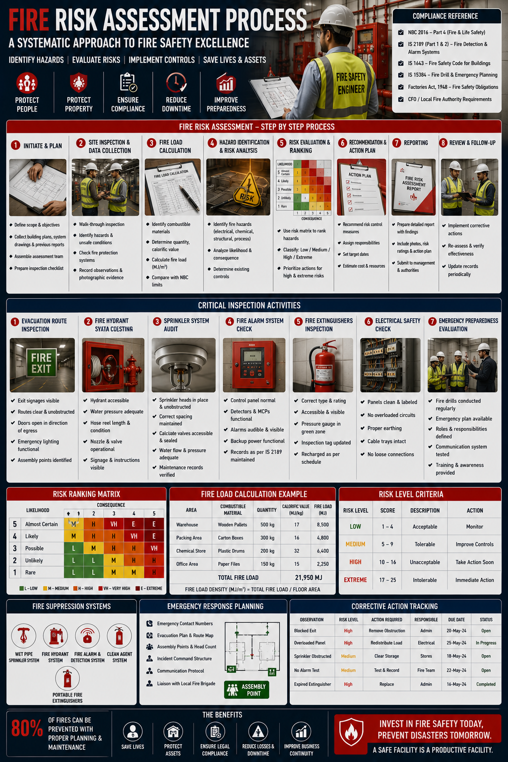 Fire safety assessor with checklist measuring escape route width and travel distance to emergency exit in Indian commercial building during professional fire safety assessment