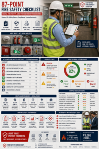 Fire safety auditor using compliance checklist on tablet while inspecting emergency exit signage and fire extinguisher at Indian office building