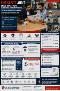 Business owner and fire safety auditor reviewing audit compliance report and action plan at an Indian SME manufacturing facility