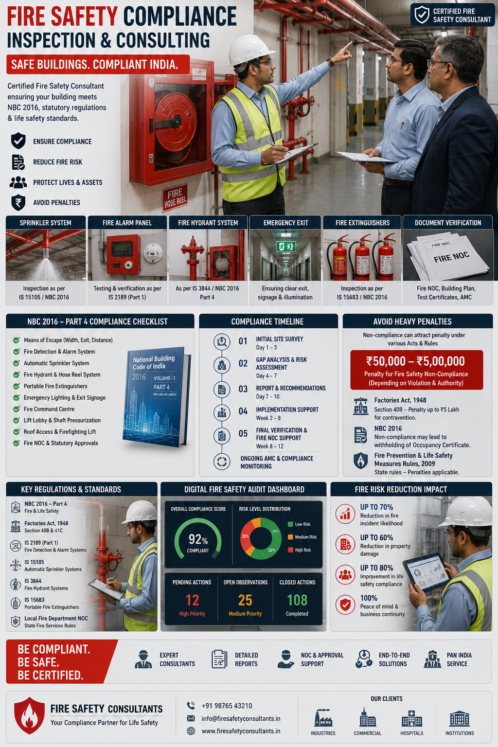 Fire safety consultant conducting compliance inspection with NBC 2016 checklist at Indian commercial building