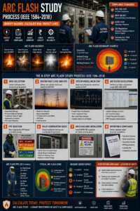 Electrical engineer using ETAP software to model power system and calculate arc flash incident energy levels at 11kV switchroom panels during arc flash study for Indian industrial facility