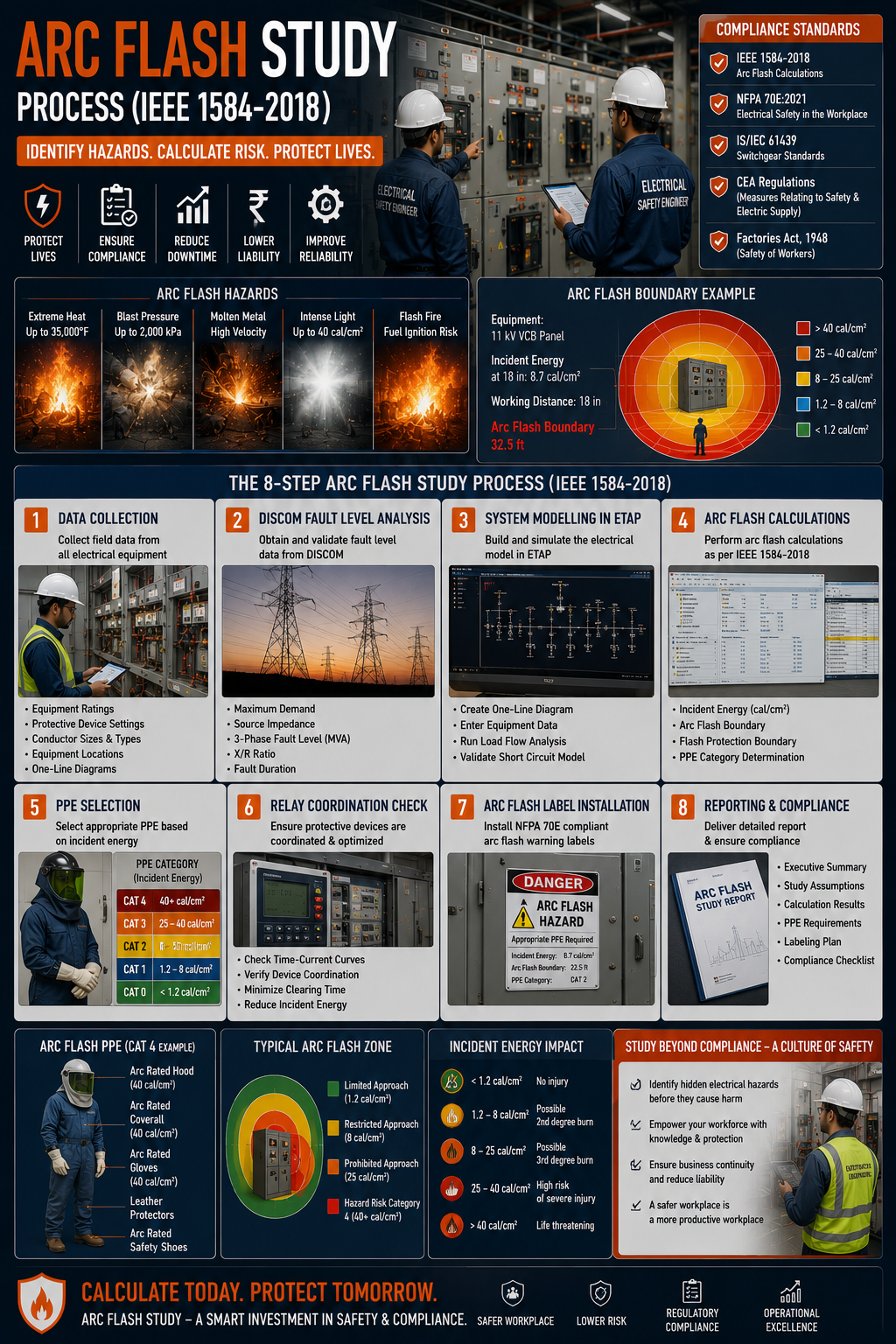 Electrical engineer using ETAP software to model power system and calculate arc flash incident energy levels at 11kV switchroom panels during arc flash study for Indian industrial facility