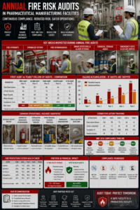 Certified fire safety auditor conducting annual fire risk audit at Indian pharmaceutical manufacturing facility documenting sprinkler coverage gap and chemical storage compliance