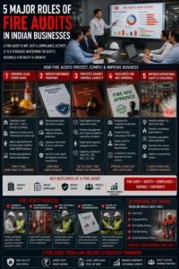 Fire and life safety auditor presenting formal audit report to board of directors at Indian manufacturing company documenting five-role protection framework for legal compliance and insurance
