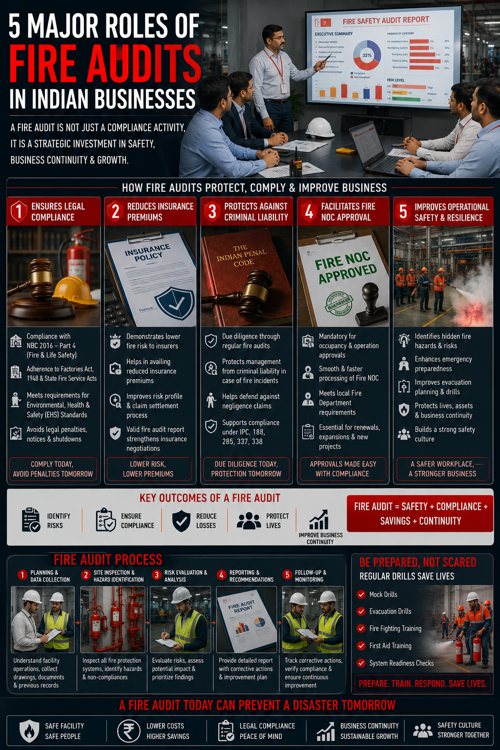 Fire and life safety auditor presenting formal audit report to board of directors at Indian manufacturing company documenting five-role protection framework for legal compliance and insurance