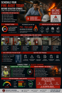 Facility manager and fire auditor scheduling fire safety audit using calendar and facility layout drawings at Indian industrial office