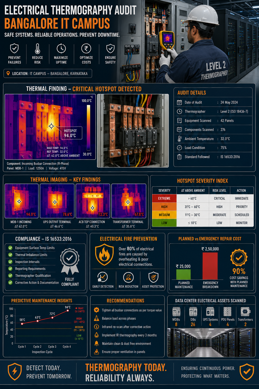 Thermal image of overheating electrical busbar in Bangalore IT campus distribution panel