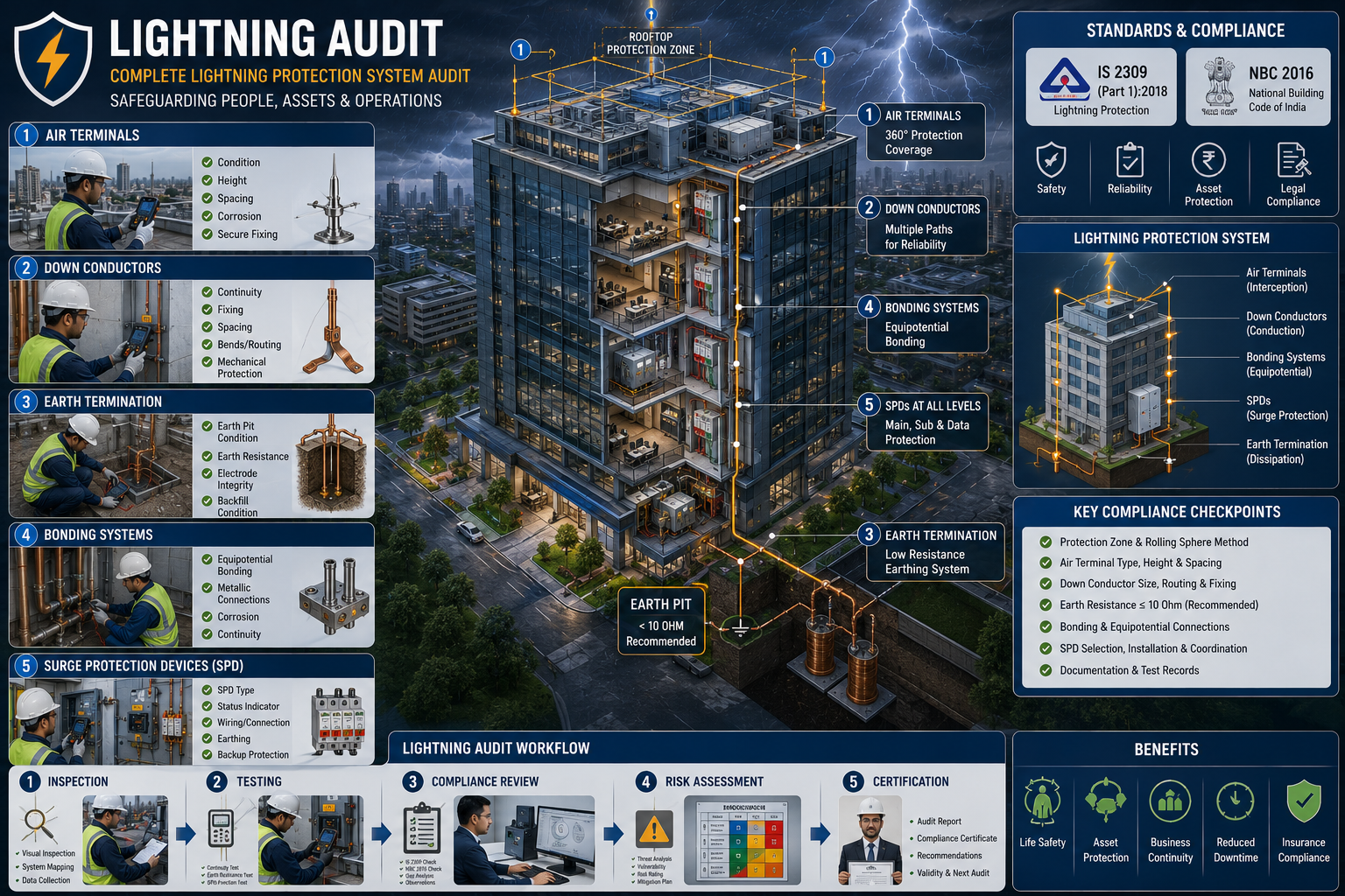 Safety auditor inspecting lightning protection down conductor connections and bonding clamps on commercial building exterior in India