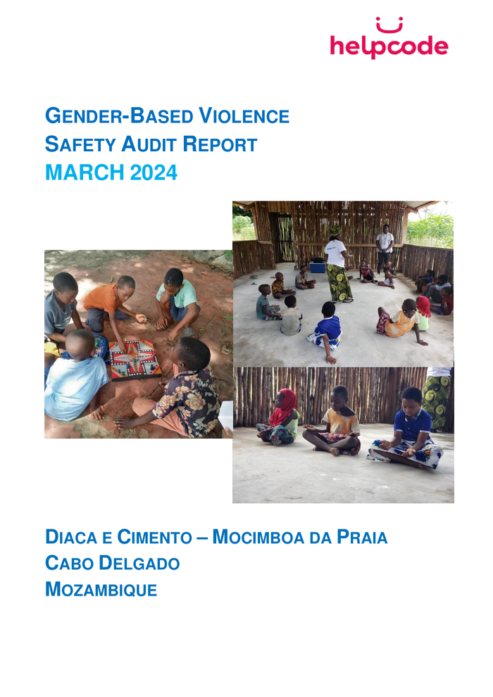 Cover page for a Gender-Based Violence Safety Audit Report by Helpcode, March 2024, featuring photos of children in outdoor and classroom settings in Mocimboa da Praia, Cabo Delgado, Mozambique.