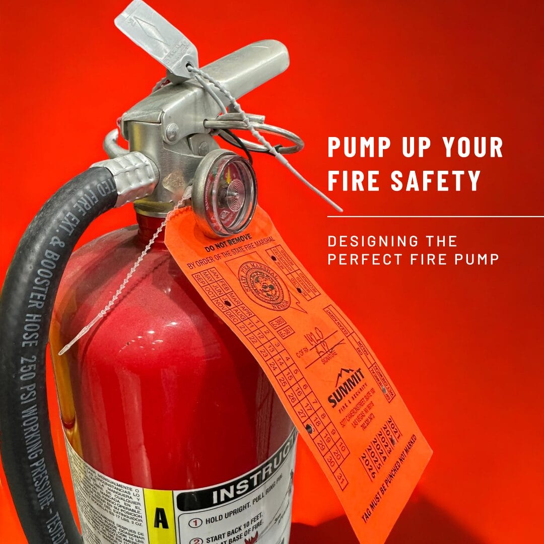 A close-up of a red fire extinguisher with inspection tags and a hose against a bright red background. Text reads: PUMP UP YOUR FIRE SAFETY. DESIGNING THE PERFECT FIRE PUMP FOR YOUR NEXT FIRE SAFETY AUDIT.