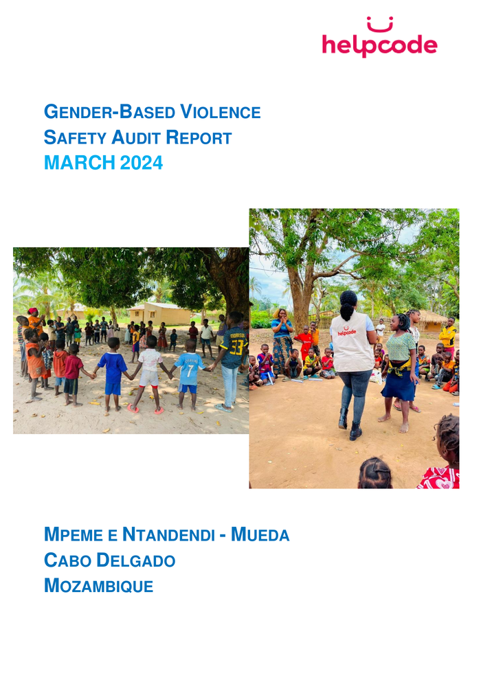 Two photos show children and adults outdoors in Mozambique. One image has children holding hands in a circle; the other shows a group watching two women, one speaking, in an open area. Text details a safety audit report.