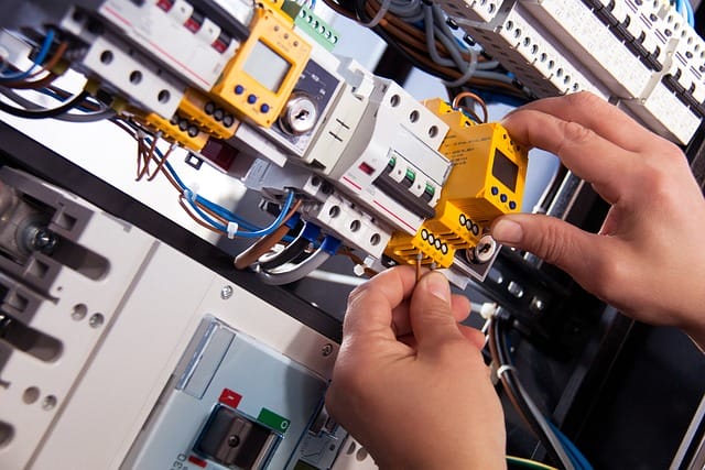 A person installs or adjusts electrical components and wiring inside an open electrical control panel, ensuring connections comply with Electrical Safety Audit standards for safe and efficient operation.