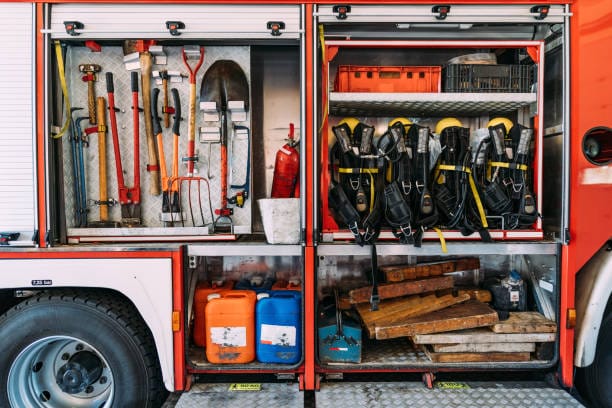 Open compartment of a fire truck showing firefighting tools, shovels, an axe, gas containers, wooden planks, and several breathing apparatus neatly arranged on shelves—ideal for any thorough Fire Safety Audit.