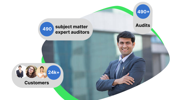A smiling man in a suit stands with arms crossed. Text bubbles highlight 490 subject matter expert auditors, 490+ audits, and 24k+ customers with small photos of three people above the customers label.