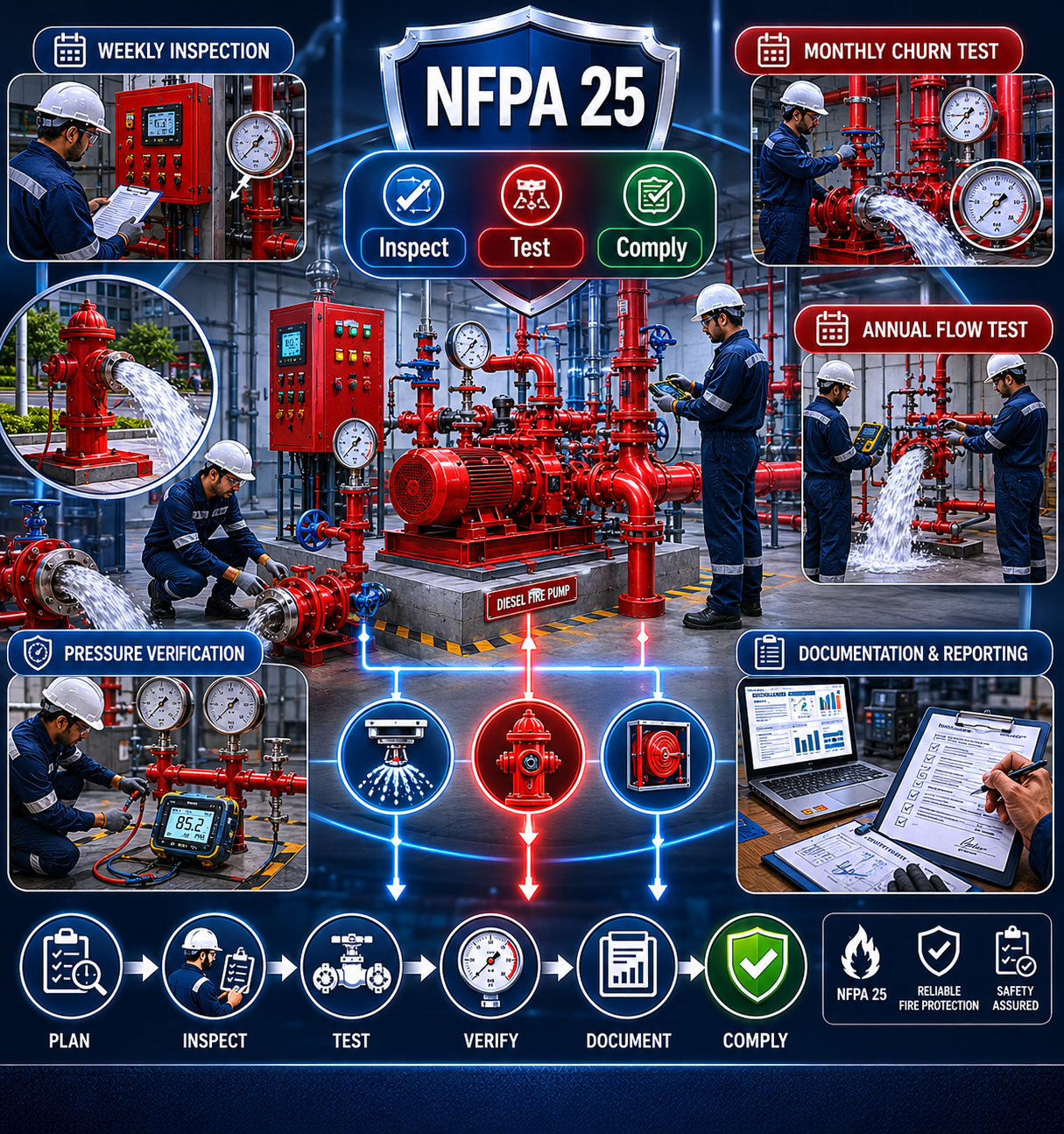 Fire pump set undergoing NFPA 25 annual performance test at an Indian industrial facility