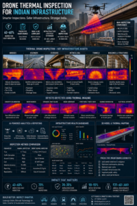 Infographic showing drone thermography applications in India including solar inspection building survey agriculture and wildlife