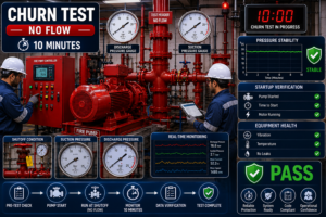 Fire pump control panel during monthly churn test showing pressure gauge at shutoff condition