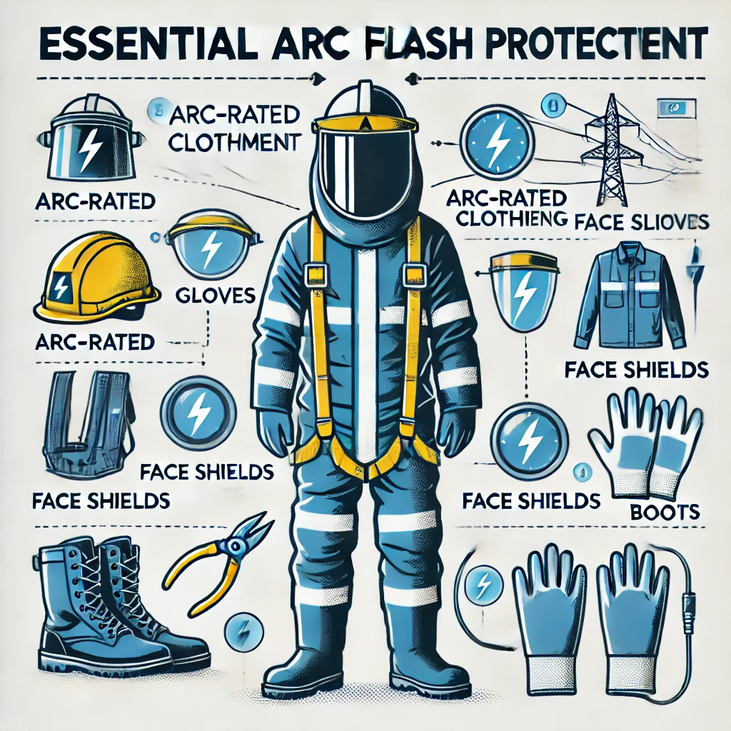 Illustration of a person in full arc flash protective gear, with labelled items like arc-rated clothing, gloves, and face shields—perfect for highlighting key protection identified during an Arc Flash Study. Icons emphasize essential gear and safety practices.
