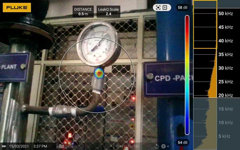 A thermal imaging camera screen displays a pressure gauge on a pipe with a heat spot marked in color, illustrating Compressed Air Thermography. Decibel and frequency readings appear on the right, with plant area signs visible on the metal fence behind.