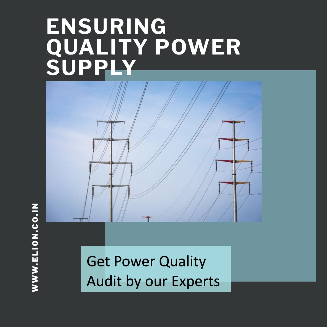 A promotional graphic featuring power lines against a blue sky, with the text Ensuring Quality Power Supply—Get Power Quality Analysis and Testing by our Experts alongside a website URL: www.ellion.co.in.