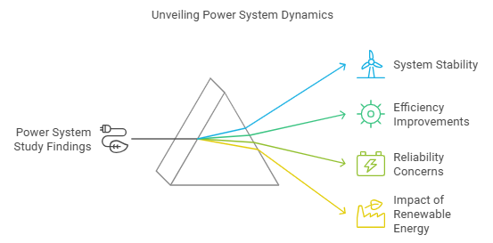 A diagram shows power system study findings entering a pyramid, branching into four lines pointing to icons and labels: System Stability, Efficiency Improvements, Reliability Concerns, and Impact of Renewable Energy.