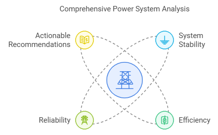 Diagram titled Comprehensive Power System Analysis shows four icons: an open book (Actionable Recommendations), a ground symbol (System Stability), a transmission tower (Reliability), and a gauge (Efficiency). Dotted lines connect them.