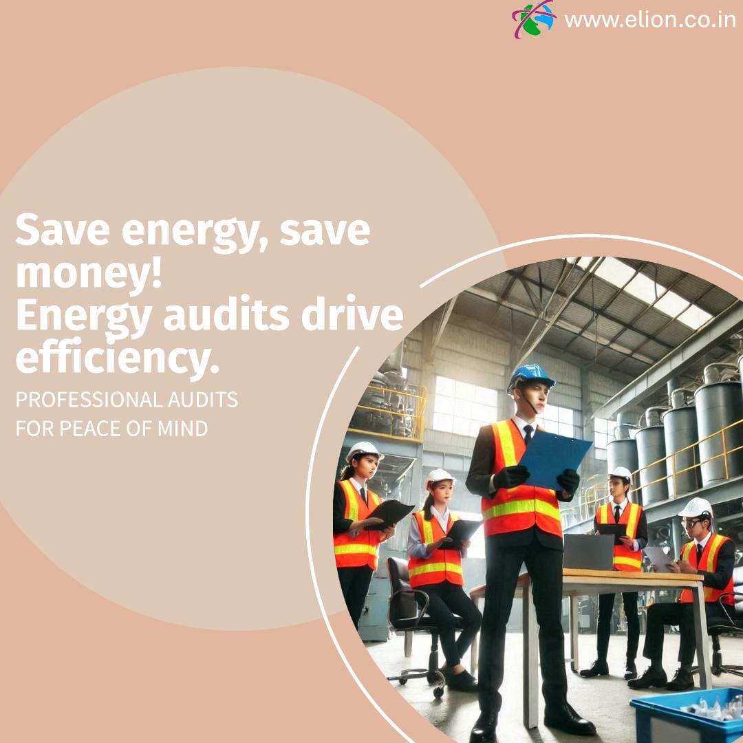 Five engineers in safety vests and helmets stand in an industrial facility, reviewing documents. Text overlay promotes energy audits and Power Quality Analysis for efficiency and cost savings. Website and company branding appear at the top.