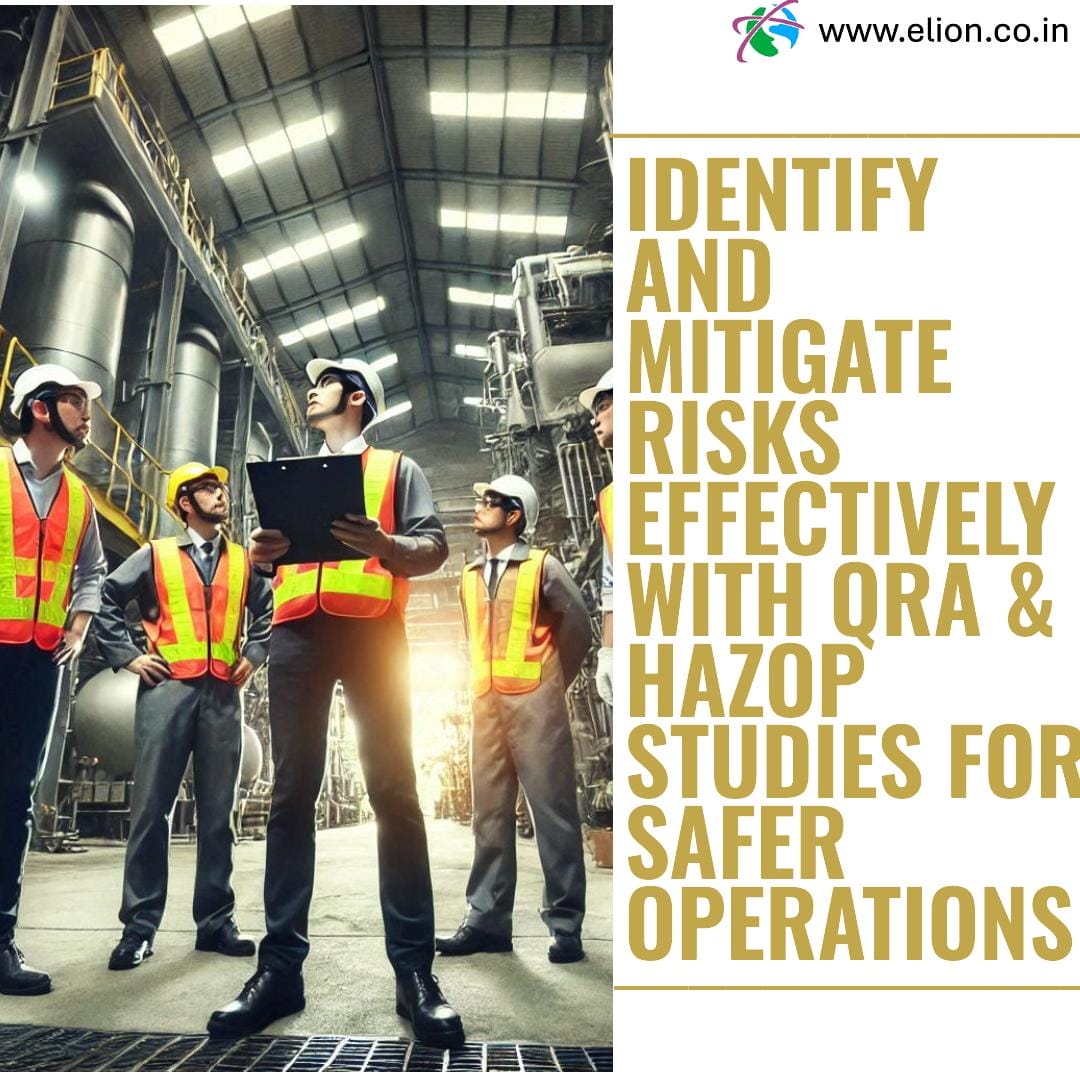 Four workers in safety gear and reflective vests stand in an industrial facility, discussing with a clipboard. Large text highlights QRA, HAZOP study, and risk assessment for safer operations. Website URL appears at the top.