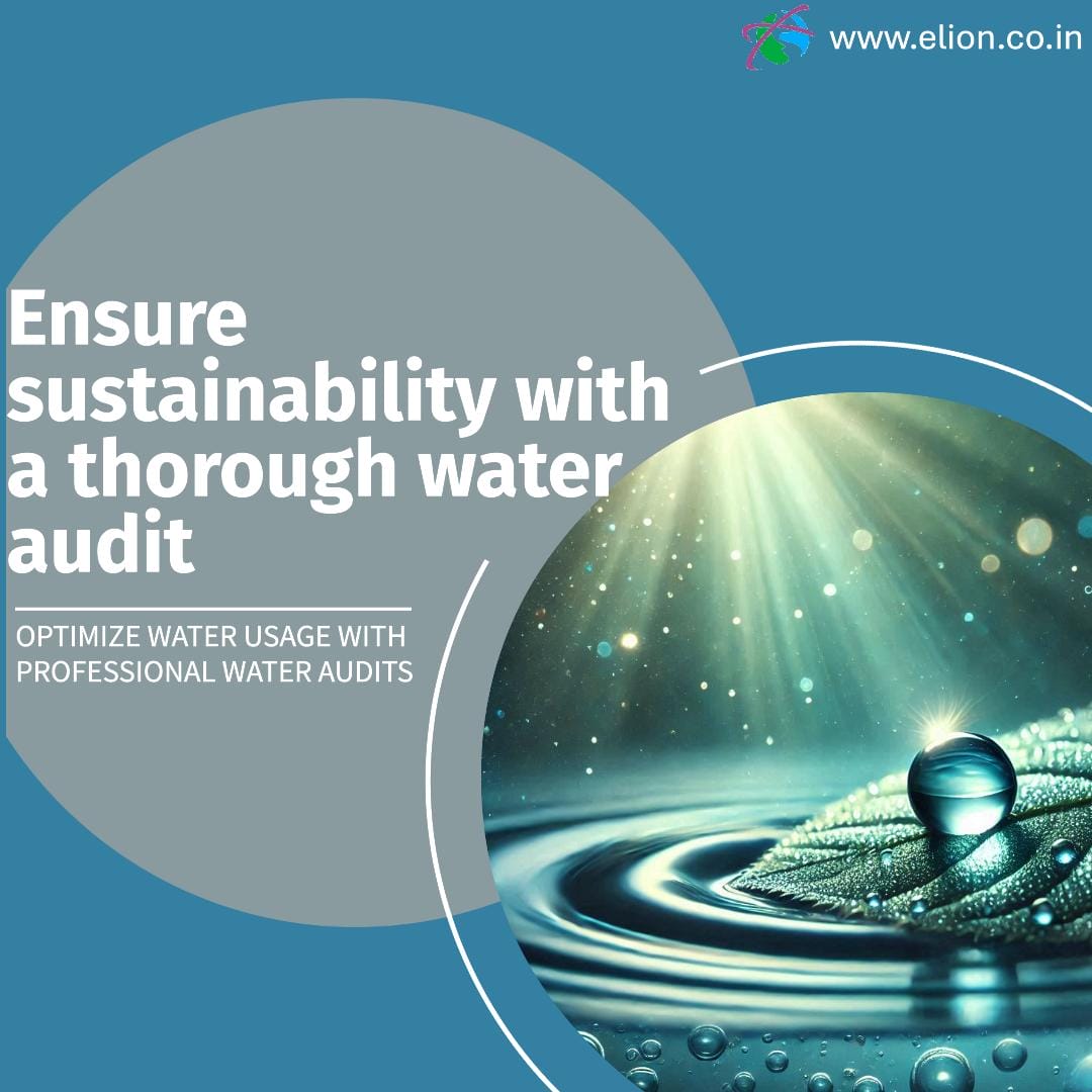 Graphic promoting water audits for sustainability, blending risk assessment with HAZOP analysis. Features a water droplet on a leaf with ripples, blue background, and www.elion.co.in.