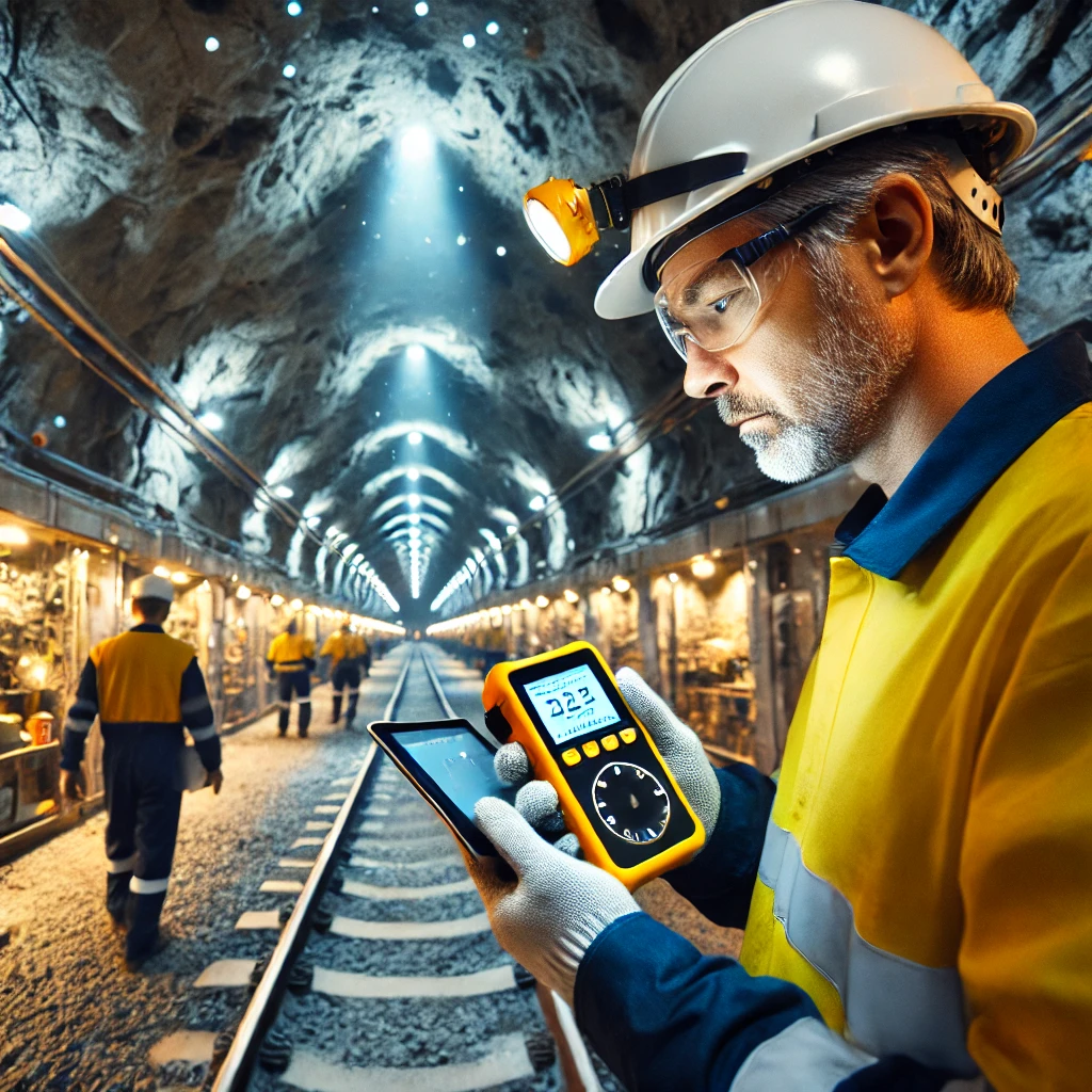 A worker in safety gear holds a device and tablet, conducting an illumination measurement inside an illuminated underground railway tunnel while two other workers walk ahead on the tracks.