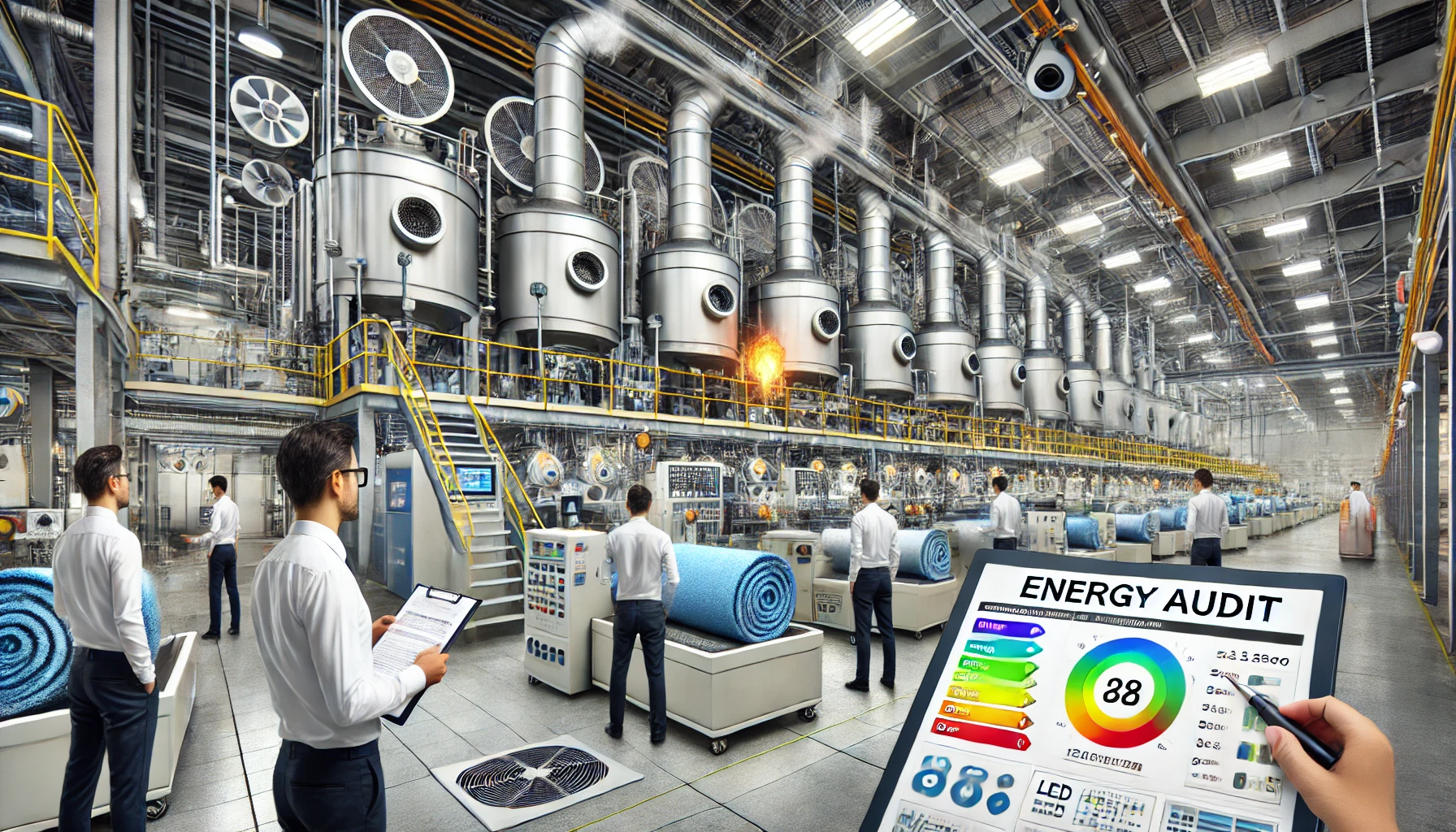 A busy, high-tech factory with many workers in white shirts auditing energy usage; a clipboard in the foreground displays an energy safety audit score and a colorful efficiency chart.