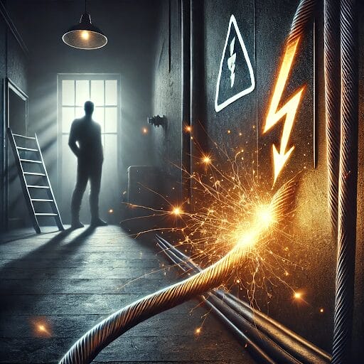 A shadowy figure stands in a dim room with a ladder, while a sparking, frayed electrical cable glows near a warning sign—an unmistakable electrical safety hazard that calls for immediate attention and proper electrical hazard assessment.