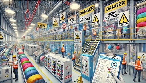 A busy factory with workers in safety vests and helmets, surrounded by machines, colorful cables, and warning signs for high voltage. One person reads a safety checklist as part of an electrical safety audit.